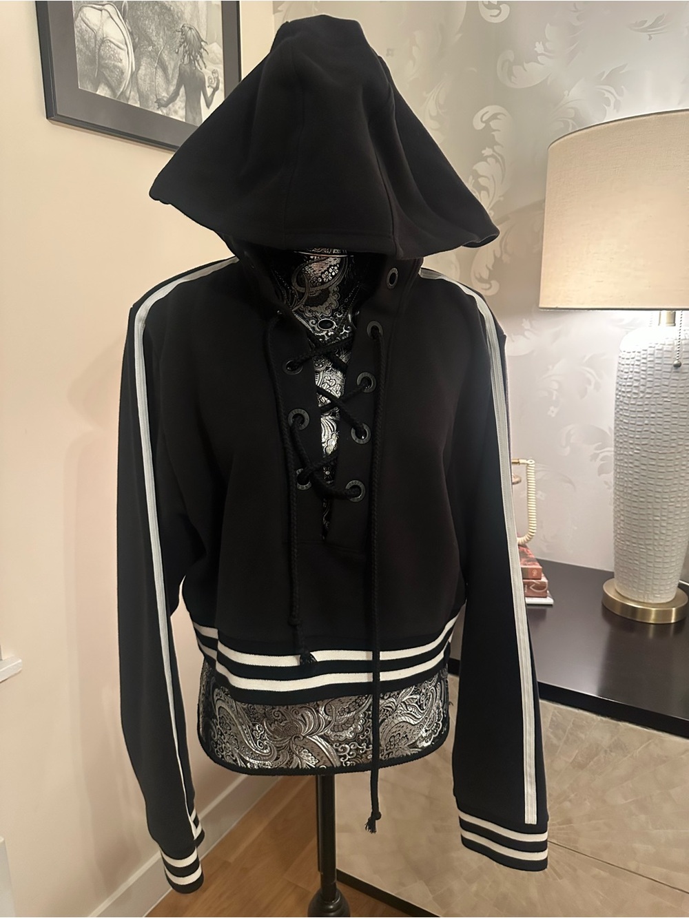 Black Lace-Up Hooded Crop Sweatshirt with White Stripe Trim